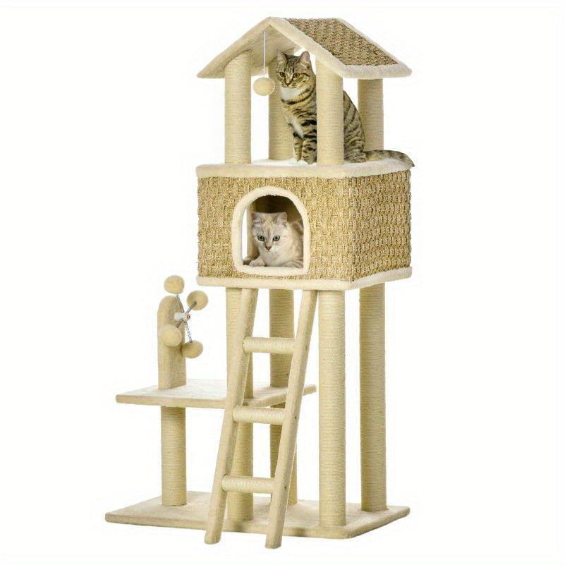 Krabpaal – Kattenboom – Kattenhuis – Kattenklimtoren – Kattenmeubel – 130 cm Hoog – Stevig Spaanplaat – Ruimtebesparend Ontwerp – Beige/Kaki