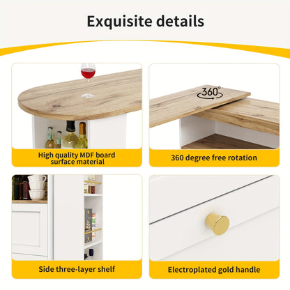 Barkast – Drankkast – Wijnkast – Buffetkast – Barkast Op Wieltjes – 360° Draaibaar – 4 Lades + Open Planken – Wit – 105x39x102 cm
