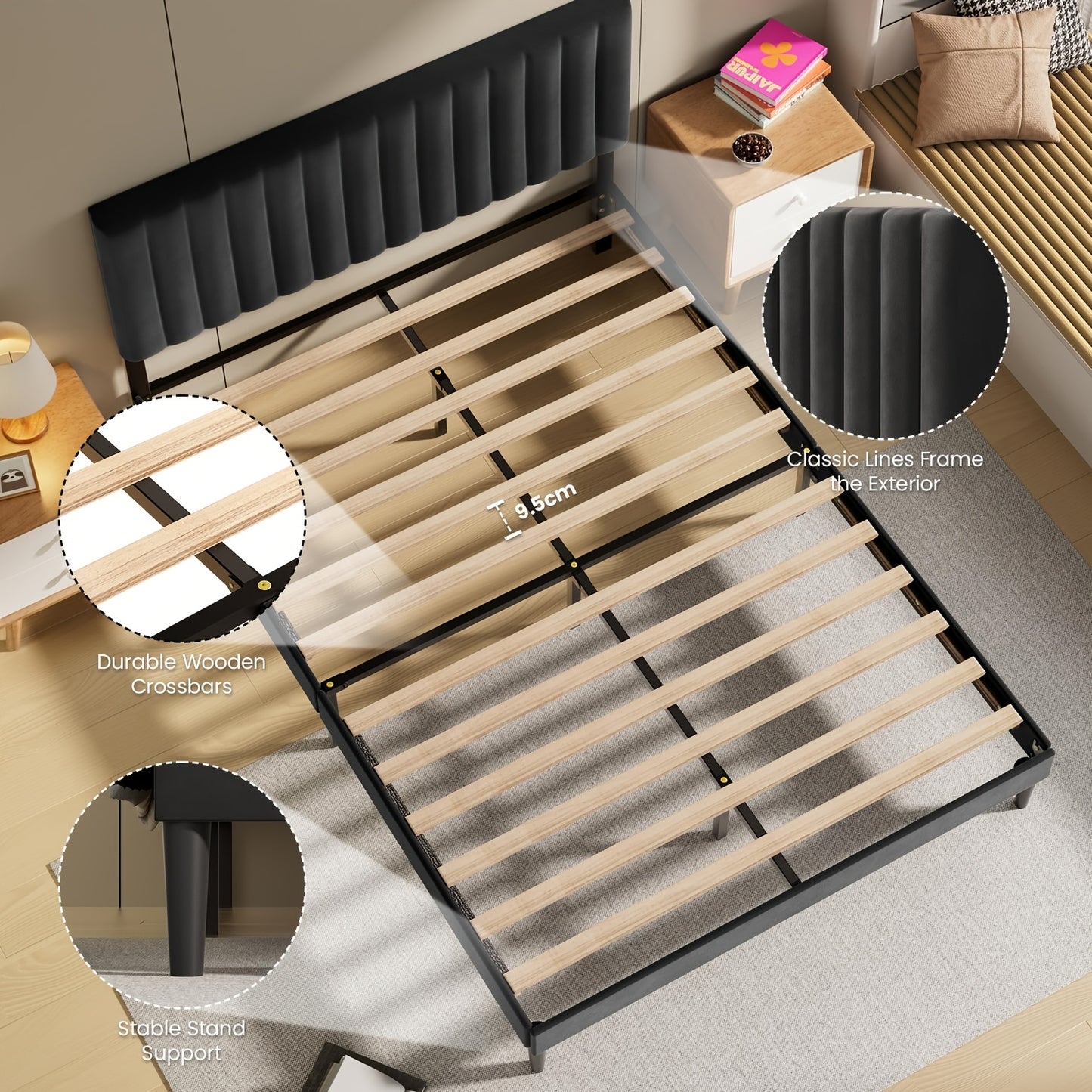 Gestoffeerd Bed – Bedframe – Slaapbed – Eenpersoonsbed – Tweepersoonsbed – 90x200 cm – Verstelbaar Hoofdbord – Draagkracht 480 kg