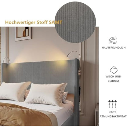 Tweepersoonsbed – Bedframe – Opbergbed – Slaapbed – Ribfluwelen Bed – Met Opbergruimte – Met Geïntegreerde Leeslamp – 140x200 cm – Grijs