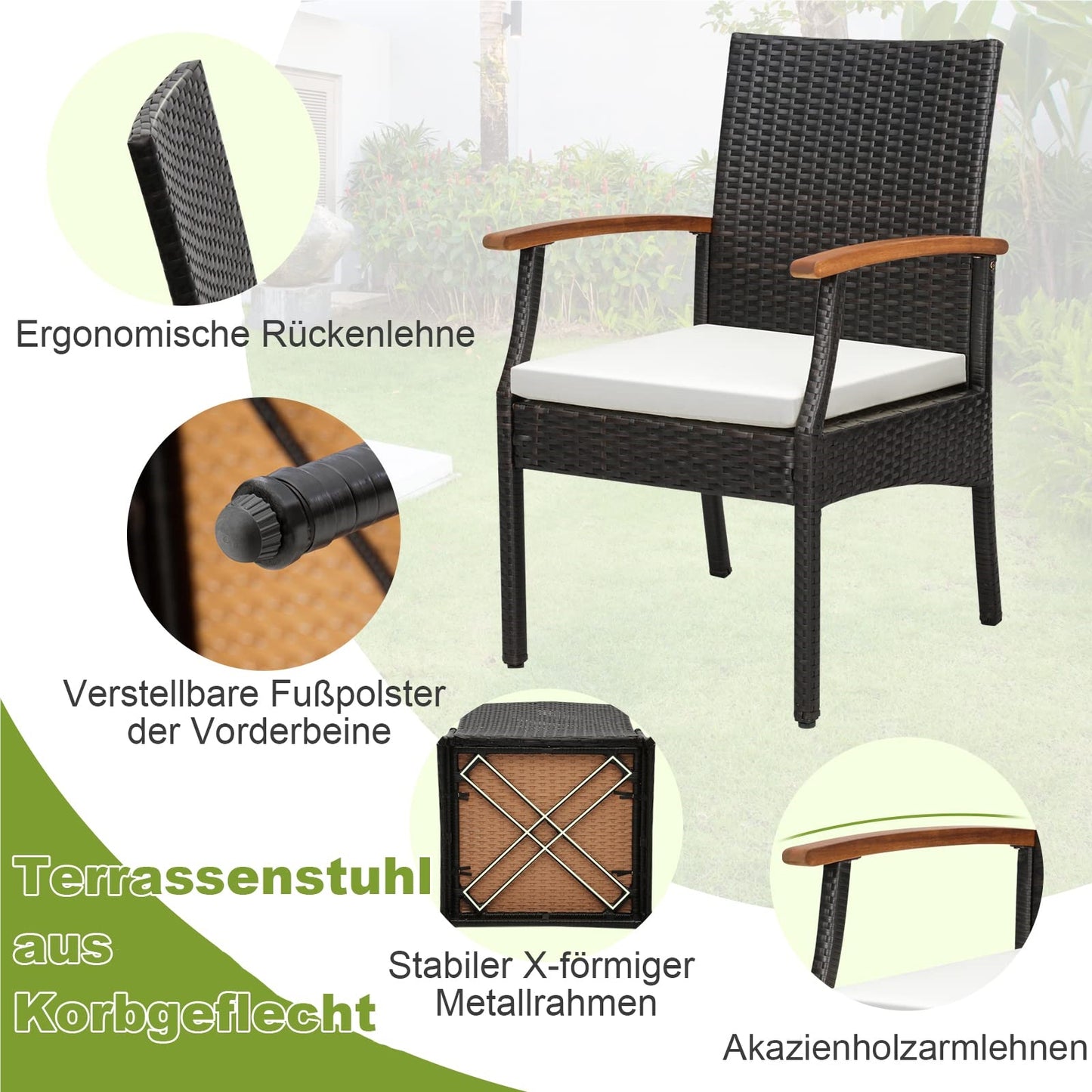 2-delige Rattan Stoel Set – Tuinstoel – Balkonstoel – Loungestoel – Terrasstoel – Poly Rattan Rugleuning – Houten Frame – Inclusief Zitkussen – Voor Buiten
