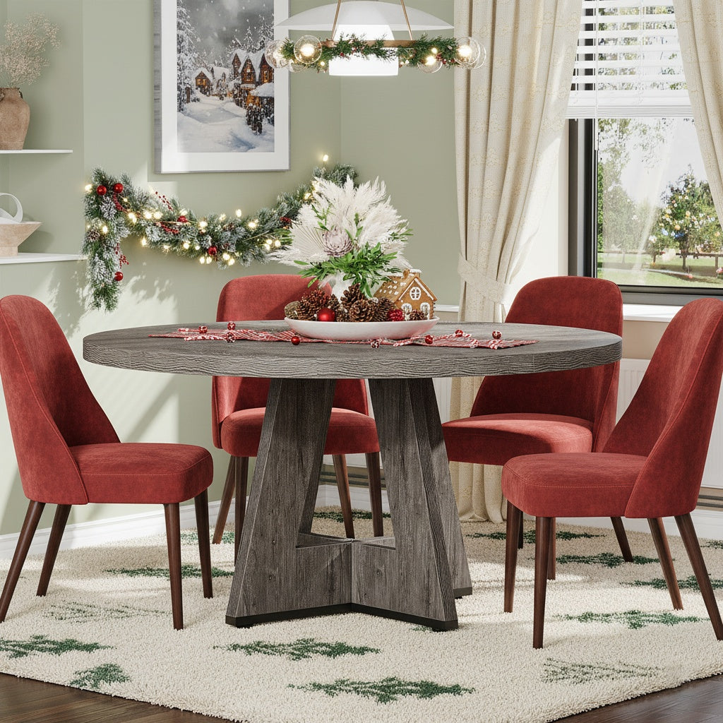 Ronde Bureau – Schrijftafel – Studietafel – Werkplek Meubel – Landelijk Bureau – Diameter 119 cm – Massief Houten Voet – Grijze Afwerking
