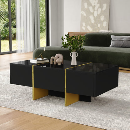 Zwart Salontafel – Koffietafel – Accenttafel – Opbergtafel – Woonkamertafel – Hoogglans Design – 4 Laden – Geen Montage – Compact 100x50x35 cm – Gouden Frame