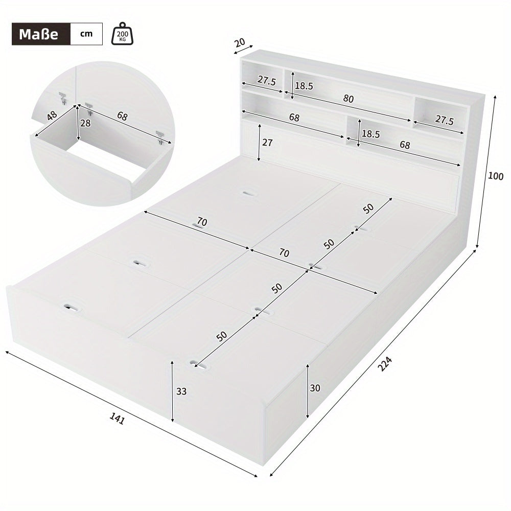 Opbergbed – Tweepersoonsbed – Bed met Opbergruimte – Massief Houten Bed – Functioneel Bed – Wit Design – 140x200 cm – Ruime Lade Onder Bed