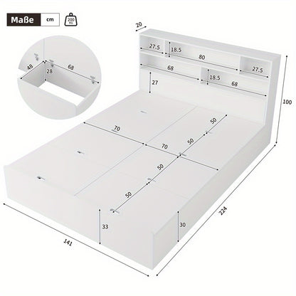 Opbergbed – Tweepersoonsbed – Bed met Opbergruimte – Massief Houten Bed – Functioneel Bed – Wit Design – 140x200 cm – Ruime Lade Onder Bed