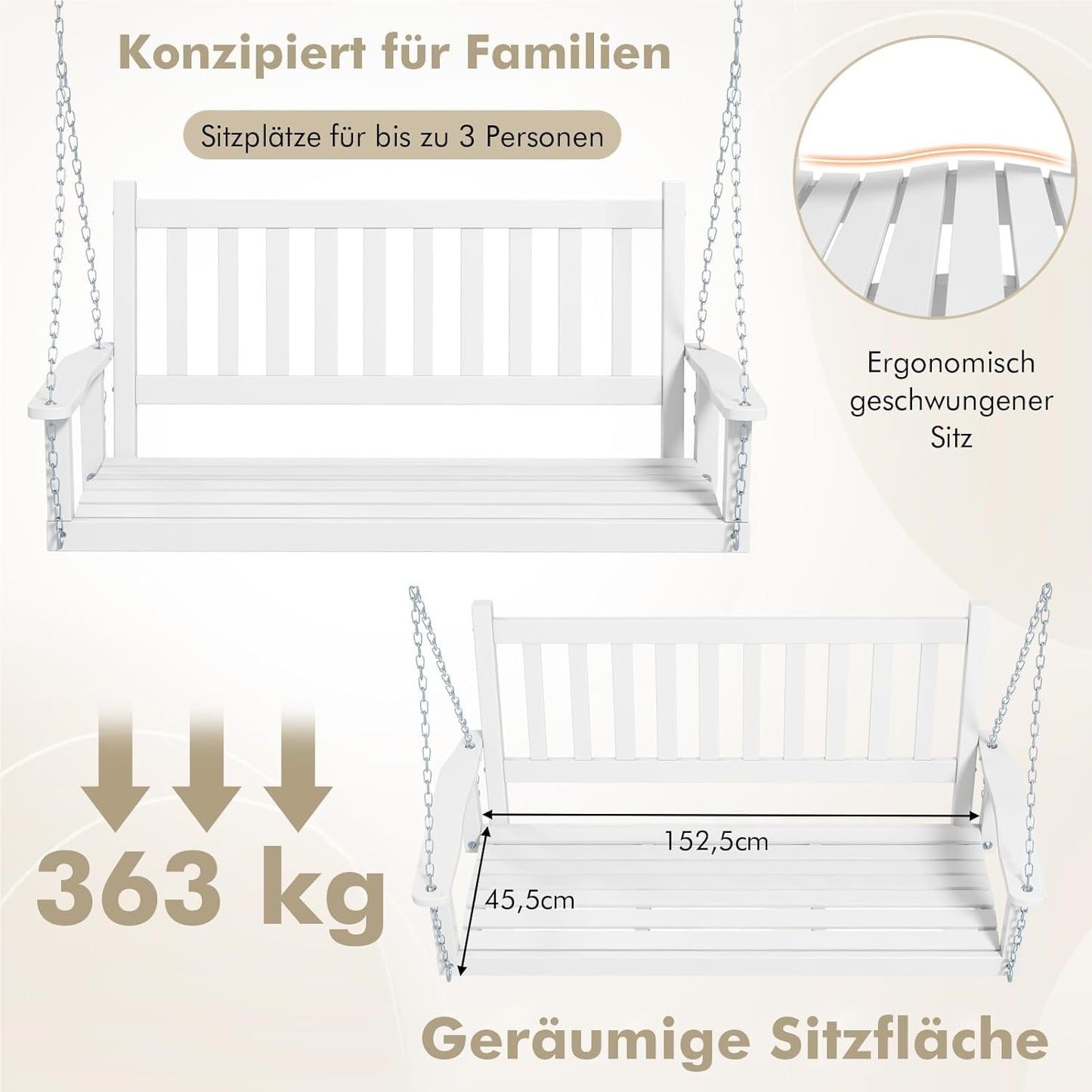 Schommelbank – Hangbank – Tuinbank – Tuinschommel – Hollywoodschommel – 3-Zits – Massief Populierenhout – Max 360 kg Draagkracht – Wit – 168x65x63 cm