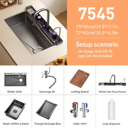 Keukenspoelbak – Spoelbak – Keukensink – Barsink – Professionele Spoelbak – Mat Zwart – 74,9 x 44,9 cm – 3-snelheden Kraan – Inclusief Houten Snijplank