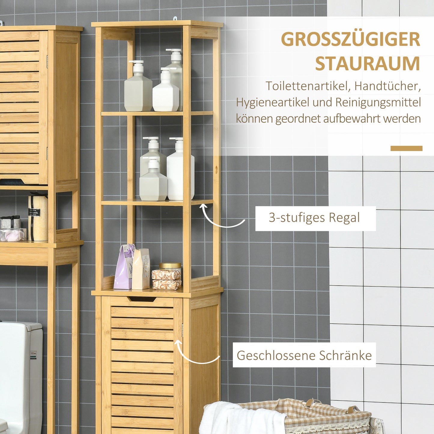 Bamboe Badkamerkast – Smalle Kast – Opbergkast – Badkamer Meubel – Hoog Kastje – Duurzaam Bamboe – Kantelbeveiliging – Compact 34x30x173 cm