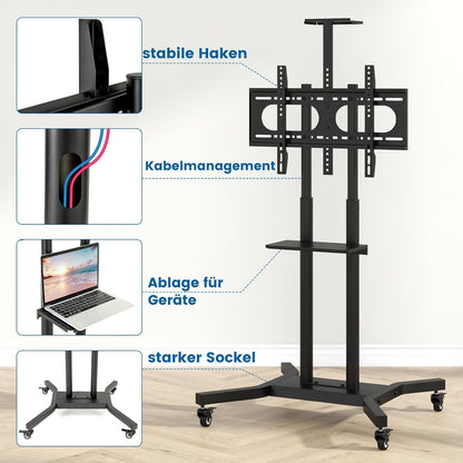 Mobiele TV-standaard – TV-wagen – TV-voet – TV-beugel – Verrijdbare TV-houder – Verstelbare Hoogte tot 151 cm – 360° Draaibare Wielen met Remfunctie