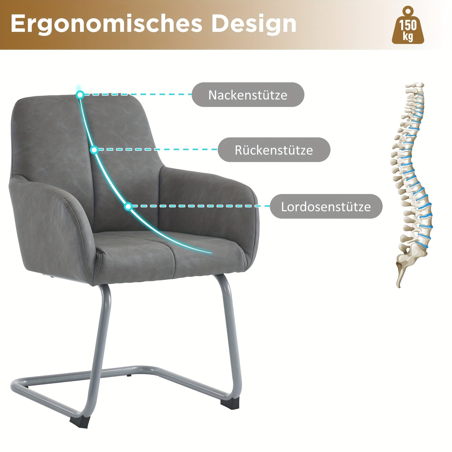 Lounge Stoel – Eetkamerstoel – Fauteuil – Leunstoel – Zetel – Grijs – Gebogen Stalen Poten – Set Van 2