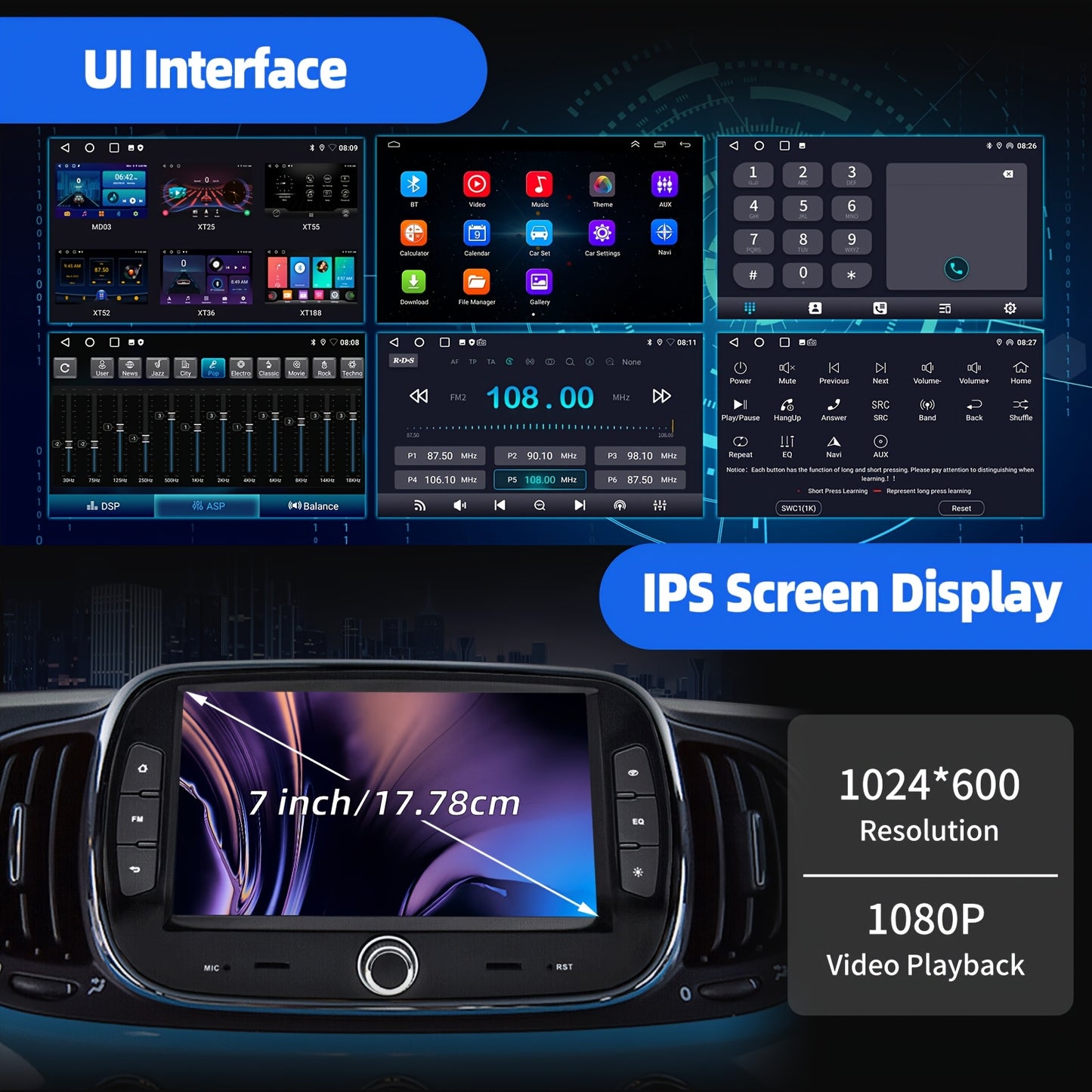 Multimedia Autoradio – 2 DIN Radio – Touchscreen Autoradio – Auto Stereo – Fiat 500 2016-2019 – 7 Inch HD Scherm – Android 14 Systeem