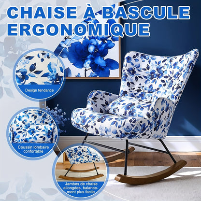 Schommelstoel – Relaxstoel – Fauteuil – Loungestoel – Schommelstoelen – Ergonomisch Hoog Rugleuning – Metaal Frame Met Massief Houten Schommelbasis – Antislip Houten Poten – Blauw Bloemenpatroon