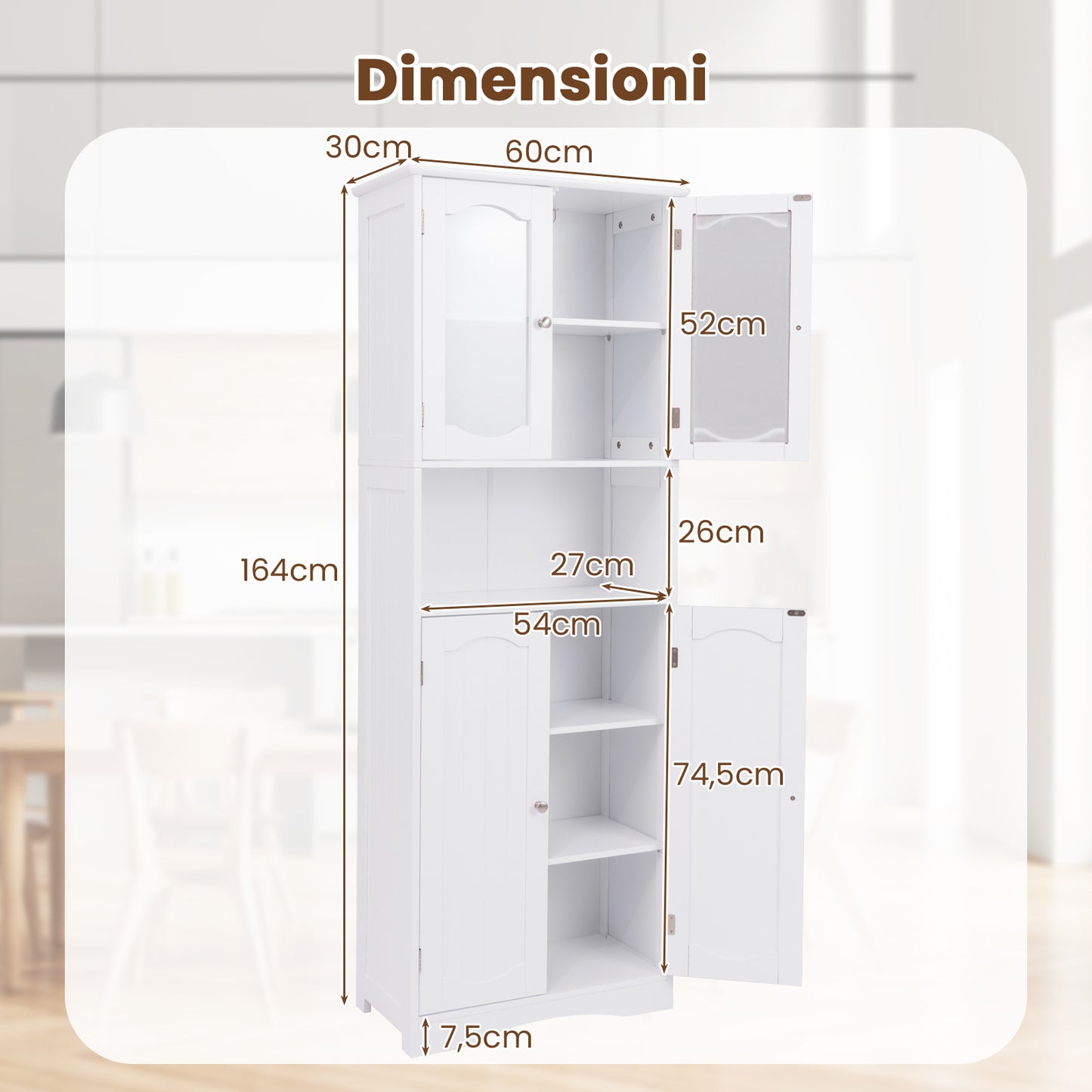 Badkamerkast – Opbergkast – Kolomkast – Hoge Kast – Badkamermeubel – Verstelbare Planken – Temperglas Deuren – 164 cm Hoog – MDF