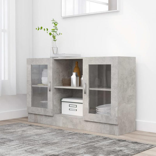 Displaykast – Vitrinekast – Opbergkast – Boekenkast – Servieskast – Grijs Beton Hout – 3.2+ Kubieke Voet Inhoud – Glasdeuren & Open Planken