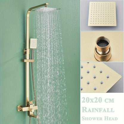 Regendouche Set – Douchekraan – Douchekop – Douchekraan Set – Douche Systeem – Brushed Gouden Afwerking – 20 cm Vierkante Regendouchekop – Duurzaam Messing