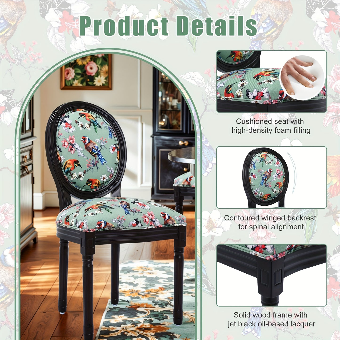 Eetkamerstoel – Stoel – Kuipstoel – Woonkamerstoel – Keukenstoel – Massief Houten Frame – Ademend Linnen Bekleding – Ergonomische Ovale Vleugelrug – Zonder Armleuningen – Vintage Franse Louis XVI Stijl – Groen