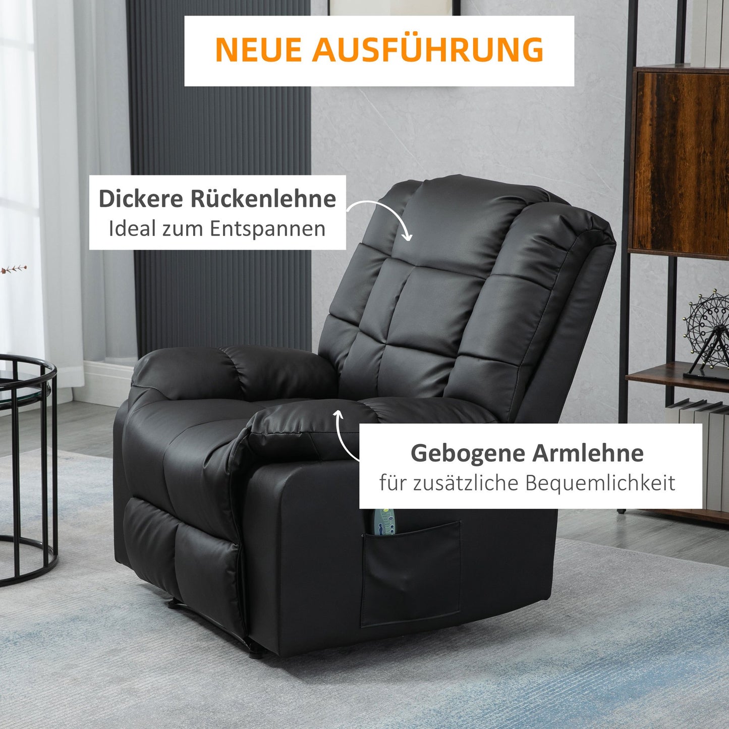 Massagestoel – Relaxstoel – Zitstoel – Wellnessstoel – Ontspanningsstoel – Zwart – 8 Trillingspunten – Verstelbare Rugleuning – Kunstleer – Compact 94x99x99 cm