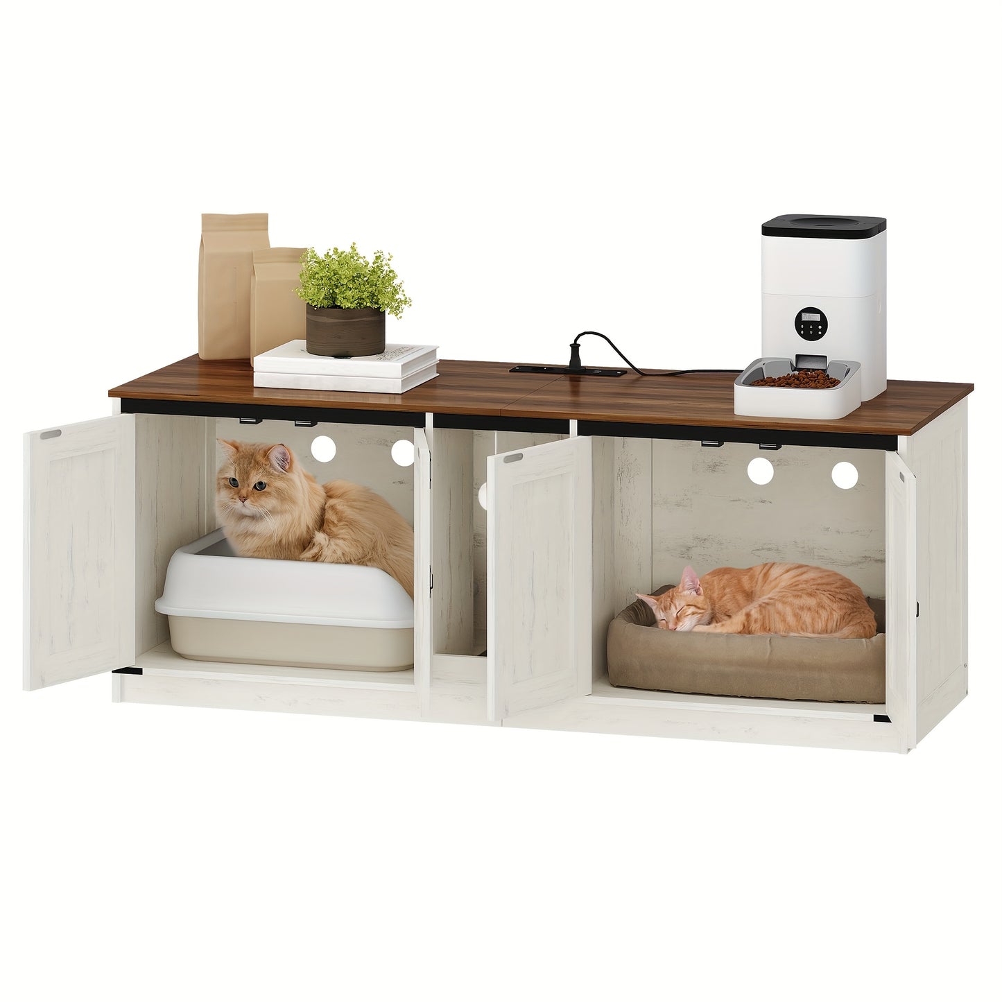 Cat Cabinet With USB Ports And Sockets, Cat Litter Box Cabinet, 140 Cm Hidden Cat Litter Box For 2 Cats, Indoor Cat House With Cat Bell, Brown-White