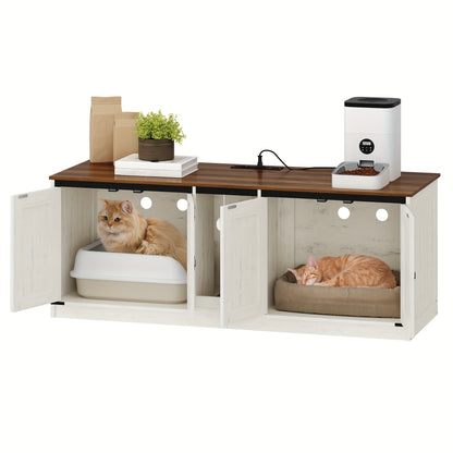 Cat Cabinet With USB Ports And Sockets, Cat Litter Box Cabinet, 140 Cm Hidden Cat Litter Box For 2 Cats, Indoor Cat House With Cat Bell, Brown-White
