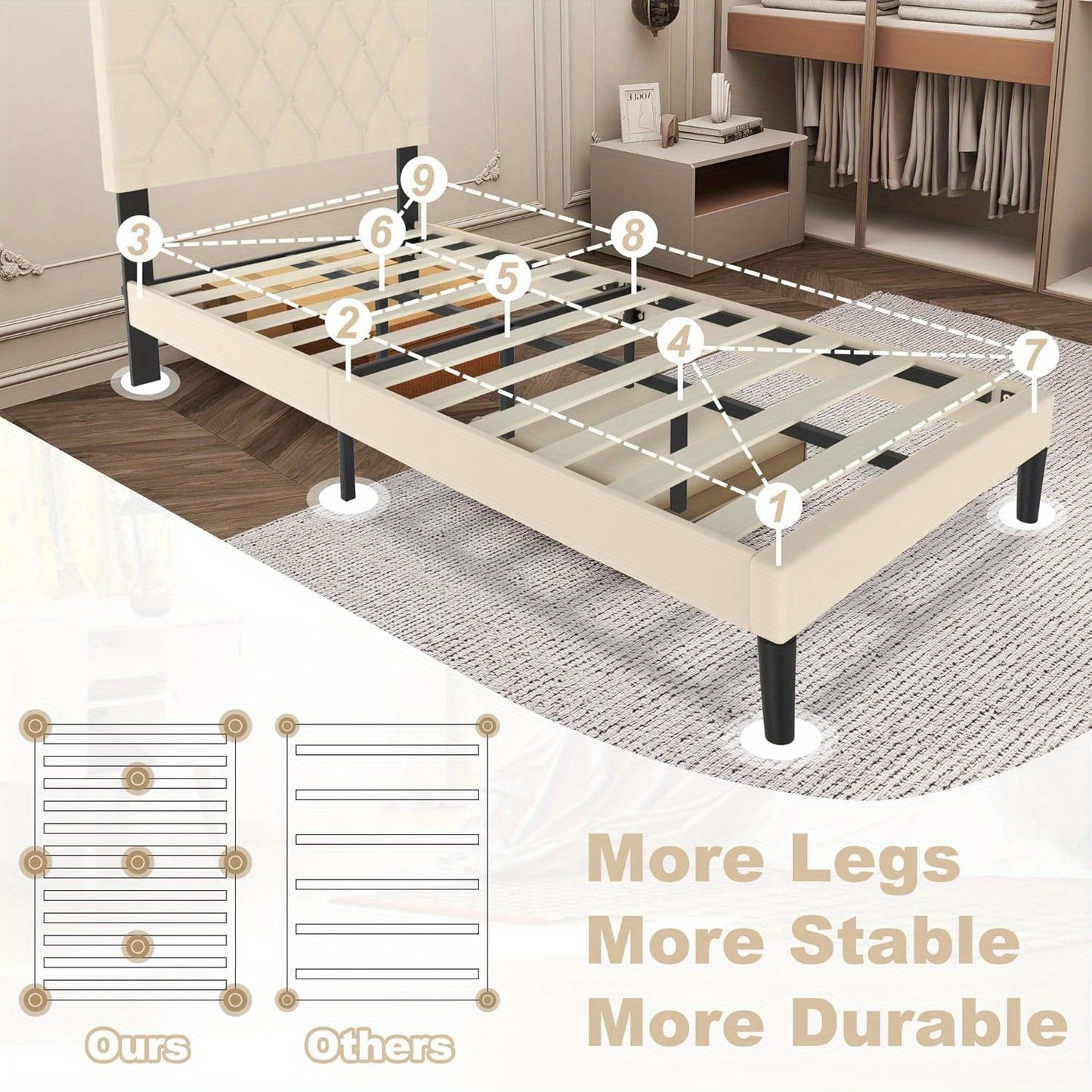 Bedframe – Metaalbed – Logeerbed – Tweepersoonsbed – Platformbed – Kunstleren Hoofdbord – 12 Lattenbodem – Max. Draagvermogen 300 kg