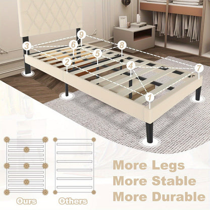 Bedframe – Logeerbed – Metalen Bed – Gestoffeerd Bed – Bedombouw – Faux Leder Hoofdbord – 12 Latten – Maximale Draagkracht 300 kg