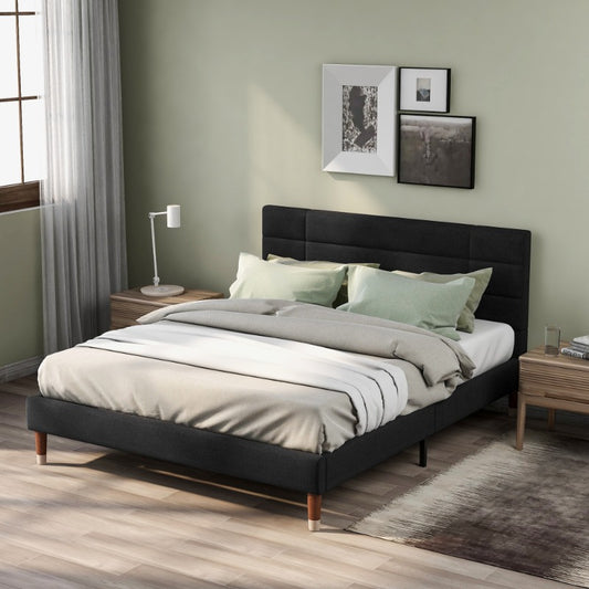 Tweepersoons Bedframe – Bedbodem – Boxspring – Bedframe Met Matras – Slaapbank – Zwart Linnen Gestoffeerd – 140x200 Cm – Inclusief Slatted Basis Met Donzen Kern Matras