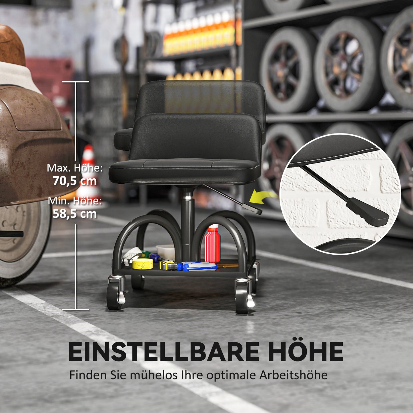 Werkplaatskruk – Werkkruk – Werkbankkruk – Werkstoel – Wielenkruk – Met Opbergrek – 58,5 cm Hoog – Draagvermogen 135 kg – Zwart Metalen Frame