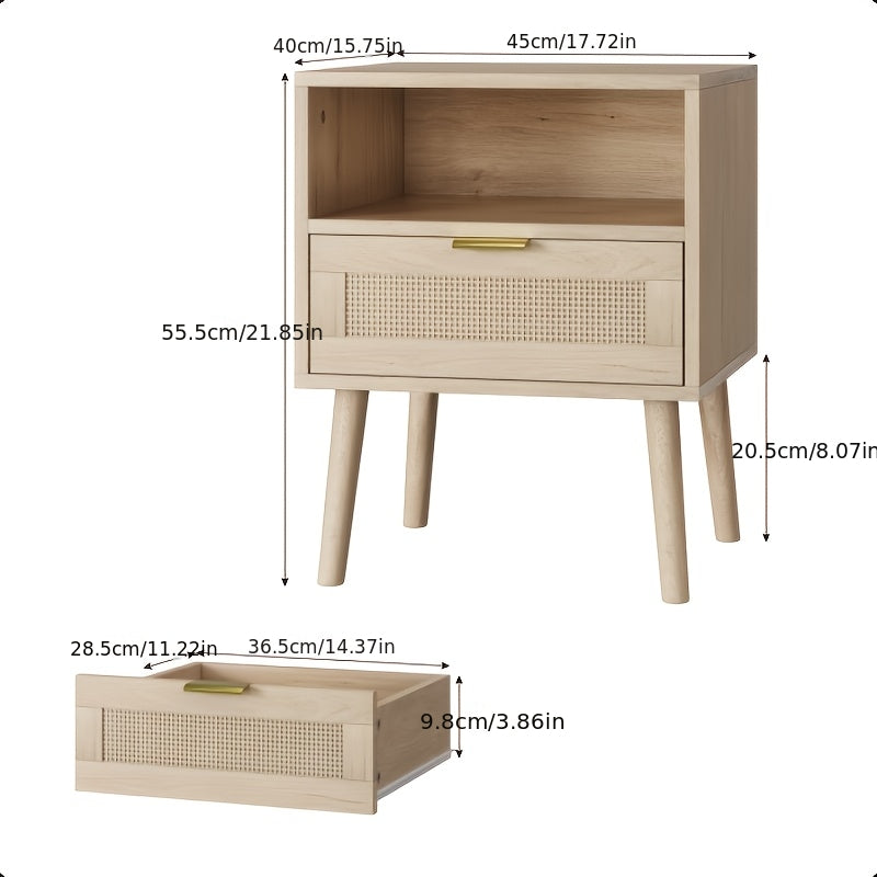 Nachtkastje – Bijzettafel – Kastje – Nachtmeubel – Slaapkamerkastje – Open Planken – Gouden Handgrepen – Natuurlijk Design – 45x40x55 cm – Stevig en Lichtgewicht