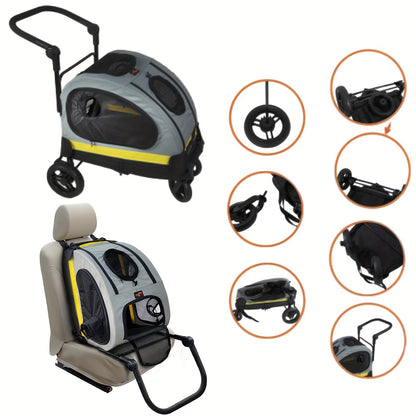Pet Travel Stroller: 2 in 1 Dog Stroller for Car Seat, Travel Carrier, Portable Pet Stroller for Small Dog Breeds and Cats, with Four Wheels plus Brakes, Low Center of Gravity Design and Shockproof Design, More Sense of Secur
