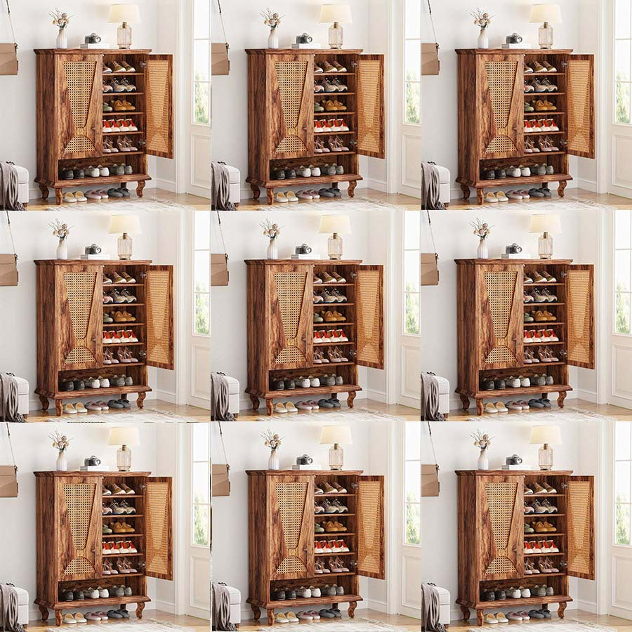 Schoenenkast – Schoenenrek – Schoenopberger – Schoenhouder – Schoenmeubel – 5-Lagen Rattan Deuren – Ruime Opbergruimte voor 25 Paar Schoenen
