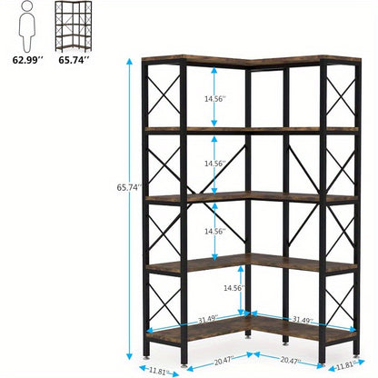Industriële Hoek Boekenkast – Boekenplank – Opslagrek – Display Rek – Opbergmeubel – Rustiek Modern – Met Metaalframe & Houten Planken – Verstelbare Voetjes & X-Bar Stabiliteit