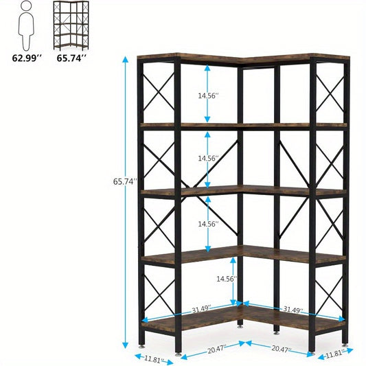 Industriële Hoek Boekenkast – Boekenplank – Opslagrek – Display Rek – Opbergmeubel – Rustiek Modern – Met Metaalframe & Houten Planken – Verstelbare Voetjes & X-Bar Stabiliteit