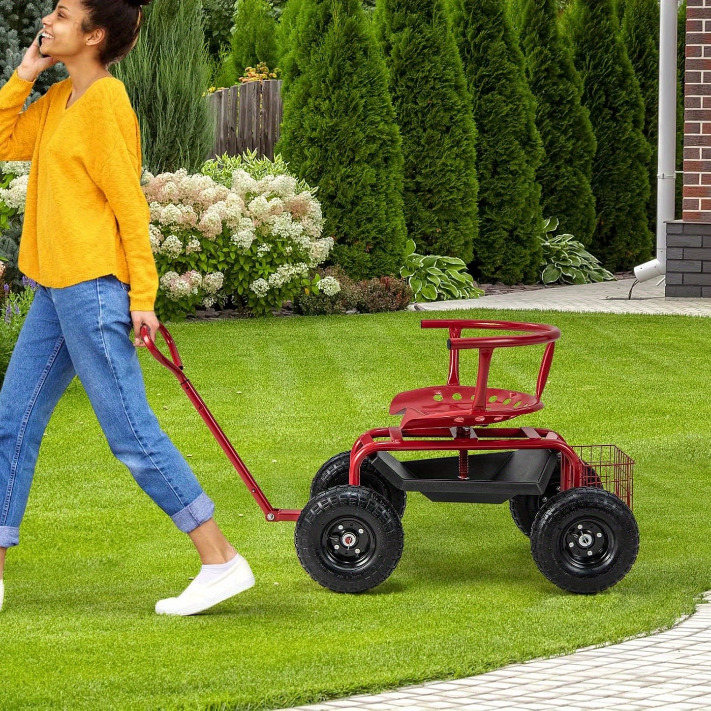 Tuinkar – Tuintrolley – Tuinwagen – Afvaltrolley – Bolderkar – Met 360° Draaibare Zitting – Met Verstelbare Duwstang en 25,4 cm All-Terrain Banden