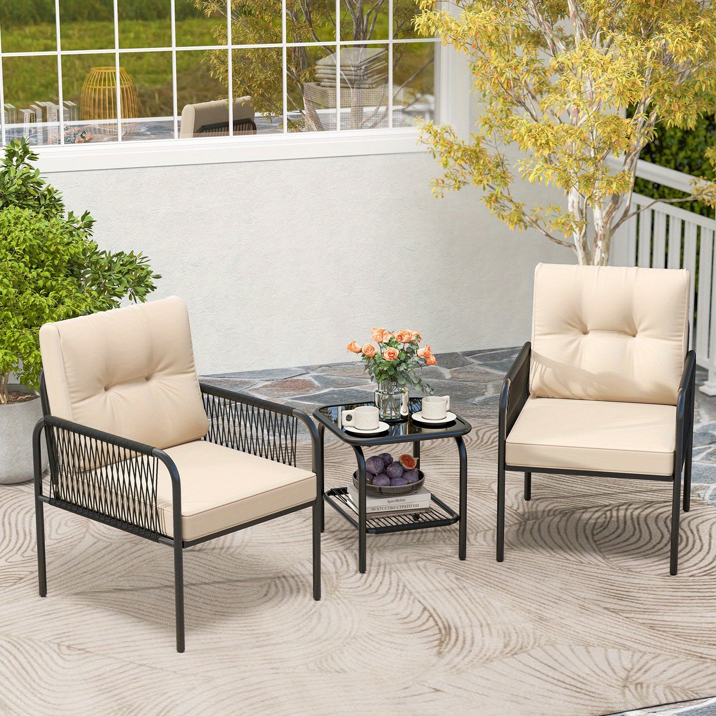 3-delig Bistro Set – Tuinset – Terrasmeubel – Patio Meubels – Balkonset – Lichtbeige PE Rattan – Gehard Glas Tafel – Comfortabele Zachte Kussens