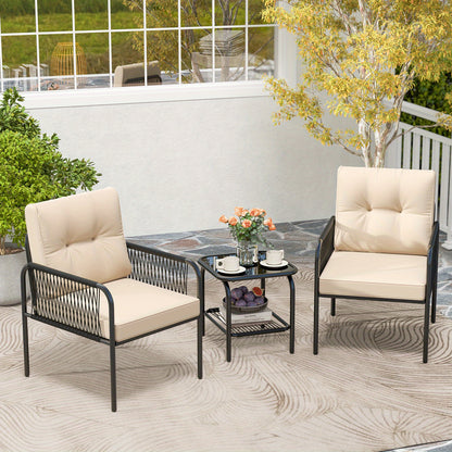 3-delig Bistro Set – Tuinset – Terrasmeubel – Patio Meubels – Balkonset – Lichtbeige PE Rattan – Gehard Glas Tafel – Comfortabele Zachte Kussens