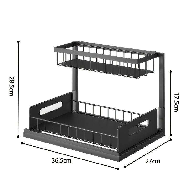 Ladeorganizer – Ladeverdeler – Keukenkastorganizer – Badkamerrek – Opbergmand – Uitschuifbare Lade – Verstelbare Hoogte – Metalen Stevige Constructie – Compact L-vormig Design 27x36x28 cm – Zwarte Roestbestendige Afwerking