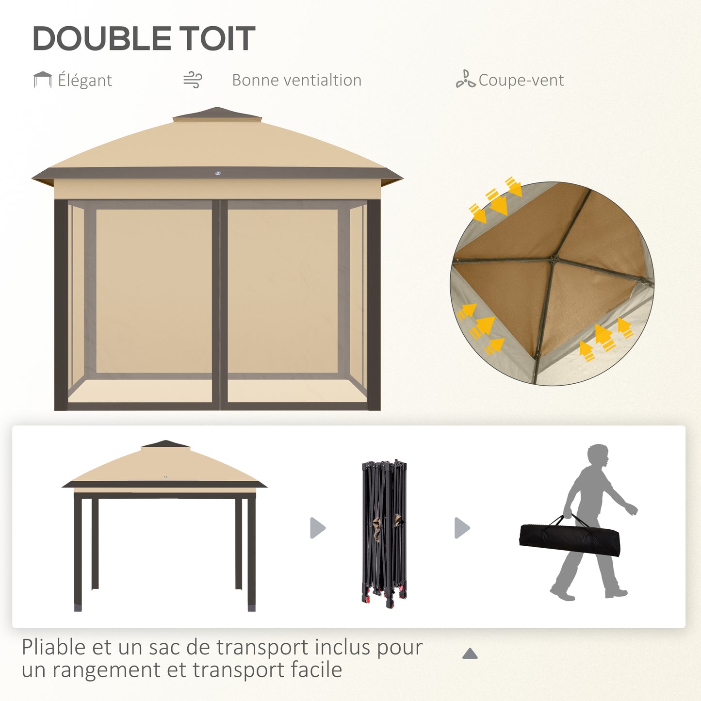 Tuinkamer – Tuinpaviljoen – Partytent – Prieel – Overkapping – Dubbel Dak – 4 Afneembare Vliegenhorren – Beige/Bruin
