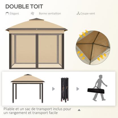 Tuinkamer – Tuinpaviljoen – Partytent – Prieel – Overkapping – Dubbel Dak – 4 Afneembare Vliegenhorren – Beige/Bruin