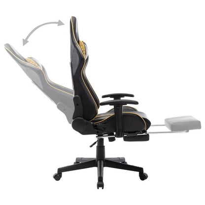 Gaming chair with footrest, black faux leather and gold-colored gaming PC
