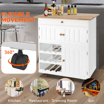 Keukenwagen – Mobiele Keukentrolley – Keukenwagen op Wieltjes – Keukenkastje – Keukenkar – Wit – Compact 68x39x85 cm – Met Werkblad en Remmen