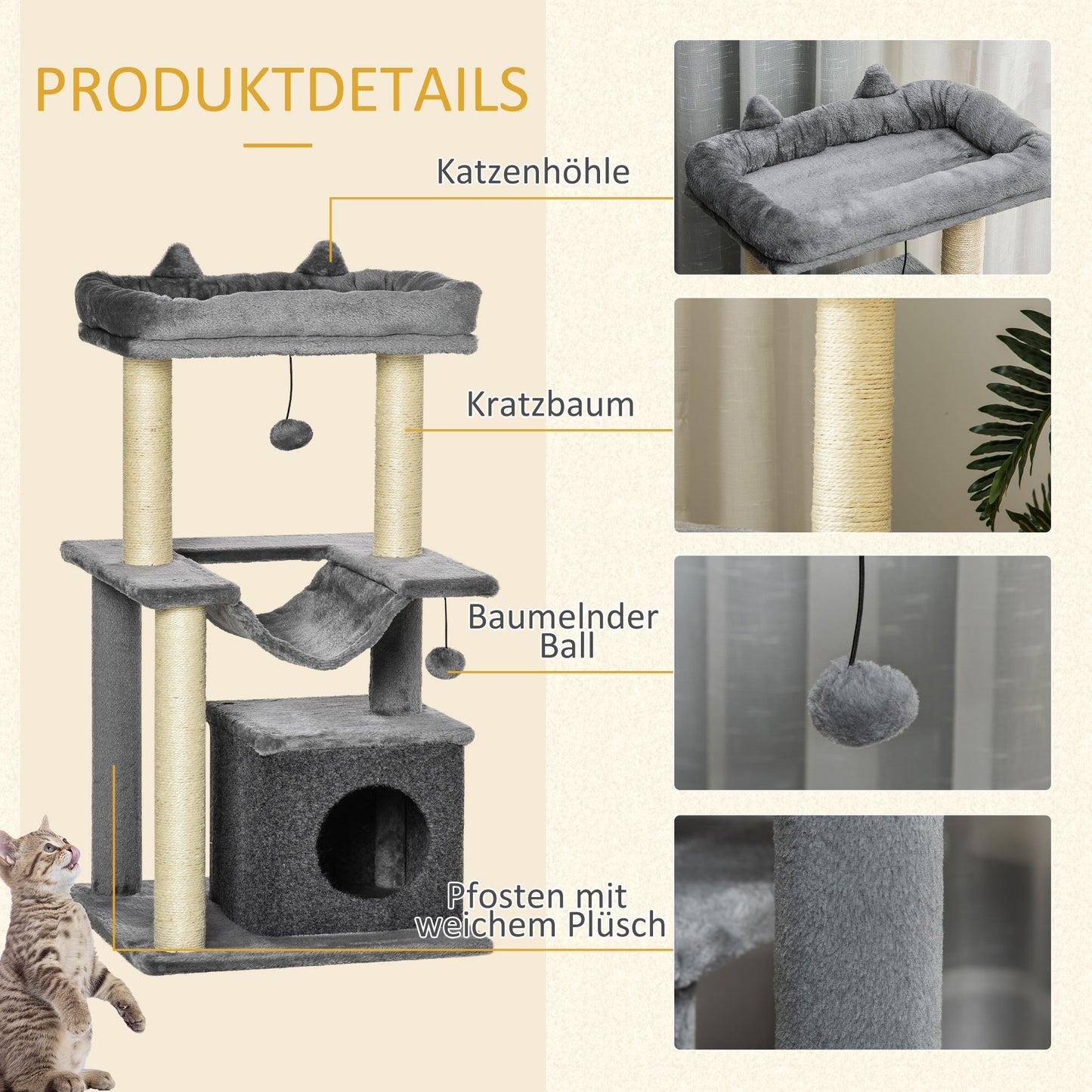 Krabpaal – Kattenboom – Krabmeubel – Krabton – Kattenhuis – Sisal Touw – 90 cm Hoog – Met Hangmat & Kattenhol