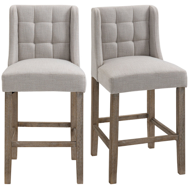 HOMCOM Set of 2 Bar Stools with Backrest, Featuring Button Tufting, Made of Solid Wood, Including Footrest, Dimensions 47 Cm X 50 Cm X 101 Cm, Gray And Natural.