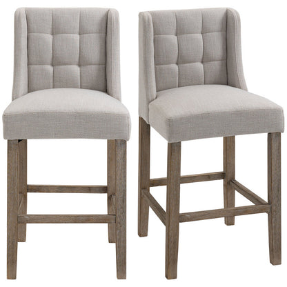 HOMCOM Set of 2 Bar Stools with Backrest, Featuring Button Tufting, Made of Solid Wood, Including Footrest, Dimensions 47 Cm X 50 Cm X 101 Cm, Gray And Natural.