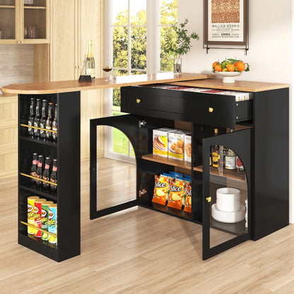 Uitschuifbare Bartafel – Hoge Tafel – Keukeneiland – Bistrotafel – Opberggedeelte – 138-204x39x104 cm – 360° Draaibaar – Modern Zwart Glas