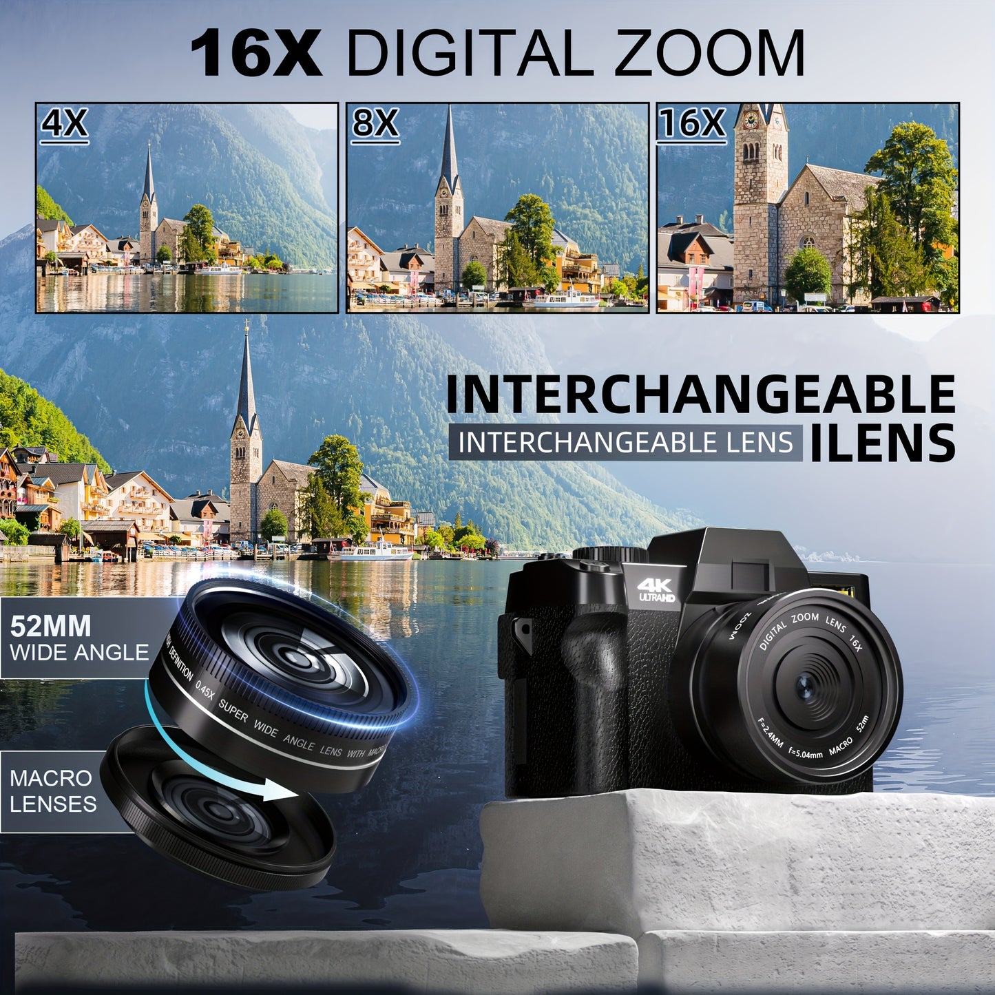 4K Camera – Vlogcamera – Compacte Fotocamera – Digitale Camera – Reiscamera – 48MP Beeldkwaliteit – 180° Kantelbaar OLED Scherm – 16x Digitale Zoom – 2 Batterijen & 32GB SD-Kaart