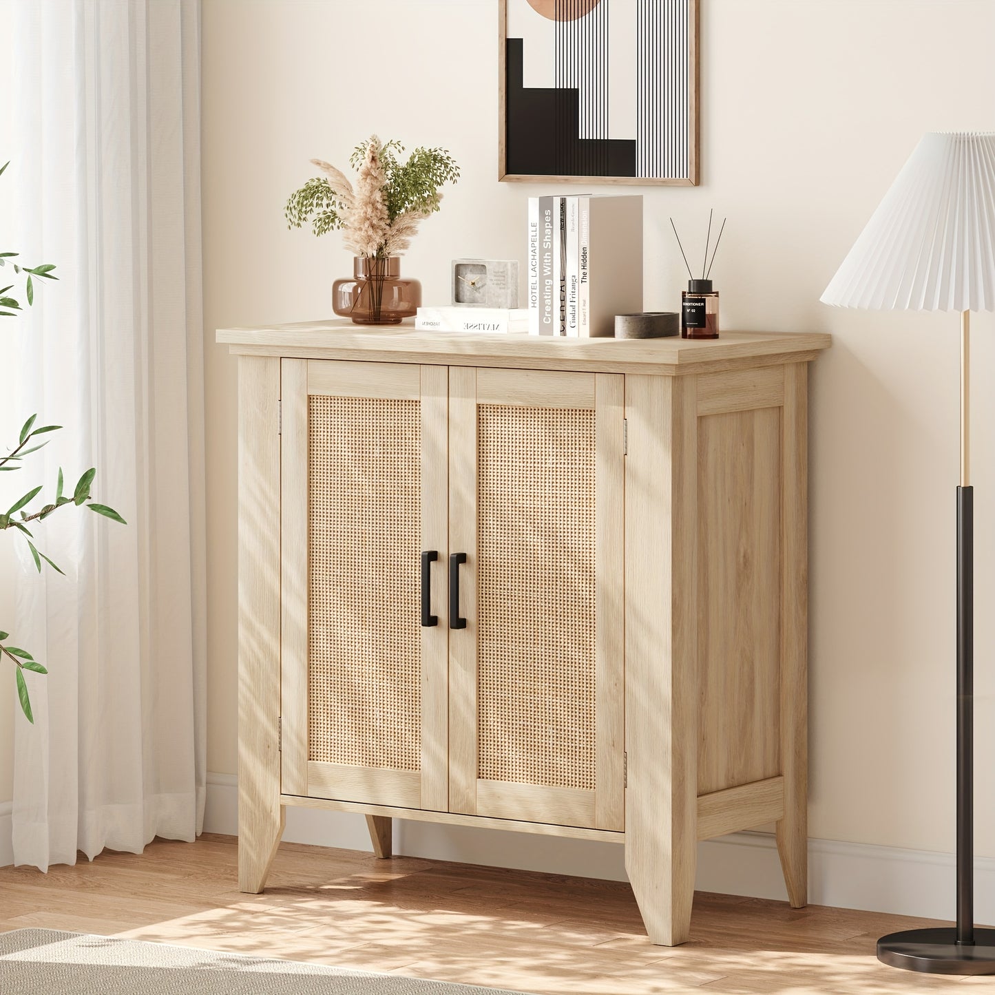 Dressoir – Sideboard – Kast – Opbergkast – Buffetkast – Set Van 2 – Natuurlijke Eikenhout Afwerking – Compact 76x40x80 cm Met Rattan Elementen