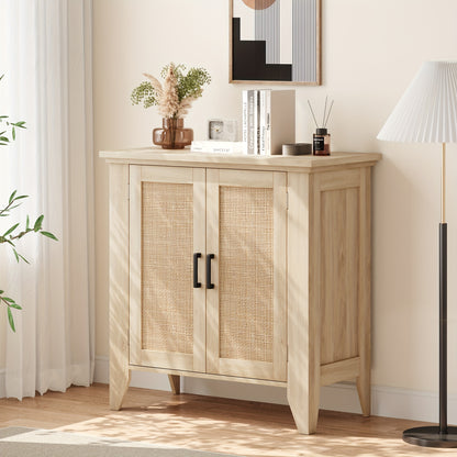 Dressoir – Sideboard – Kast – Opbergkast – Buffetkast – Set Van 2 – Natuurlijke Eikenhout Afwerking – Compact 76x40x80 cm Met Rattan Elementen
