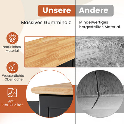 Mobiele Keukenwagen – Keukentrolley – Keukenkar – Keukenmeubel – Serveerwagen – 5 Verborgen Wieltjes – Rubbenhouten Werkblad 104x46 cm – Wit