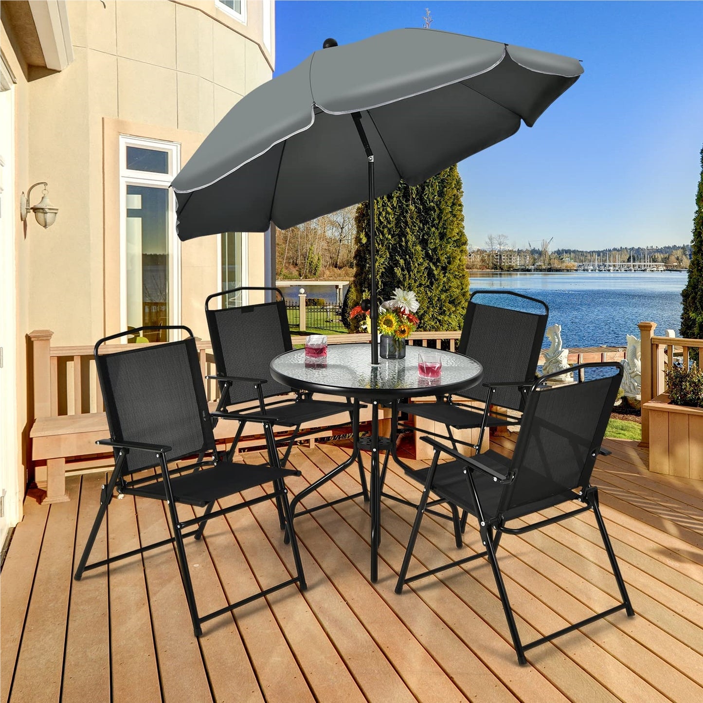 6-delige Tuinset – Tuinmeubelset – Balkonset – Buitenset – Lounge Set – Inklapbare Stoelen – Tafel Met Gehard Glas – Grote Kantelbare Parasol 180 cm – Zwart + Grijs