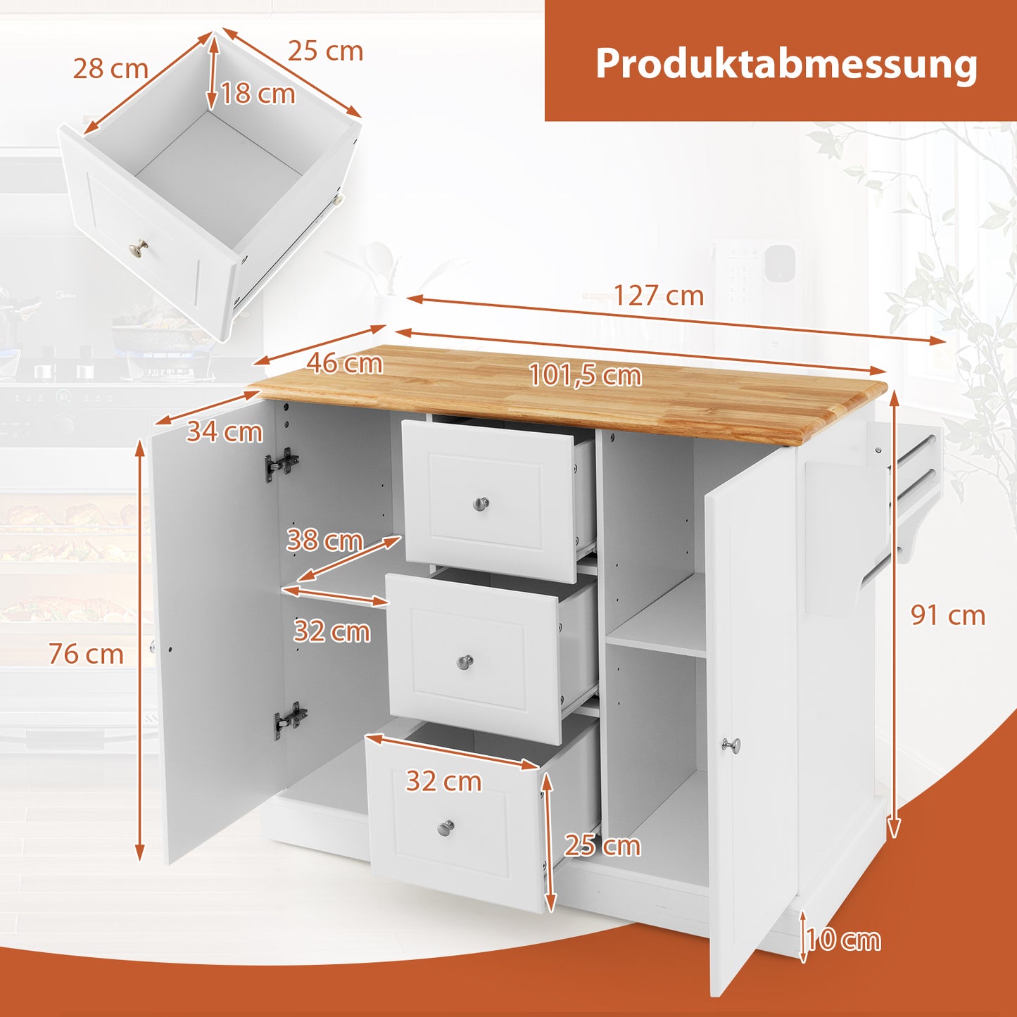 Mobiele Keukenwagen – Keukentrolley – Keukenkar – Keukenmeubel – Serveerwagen – 5 Verborgen Wieltjes – Rubbenhouten Werkblad 104x46 cm – Wit